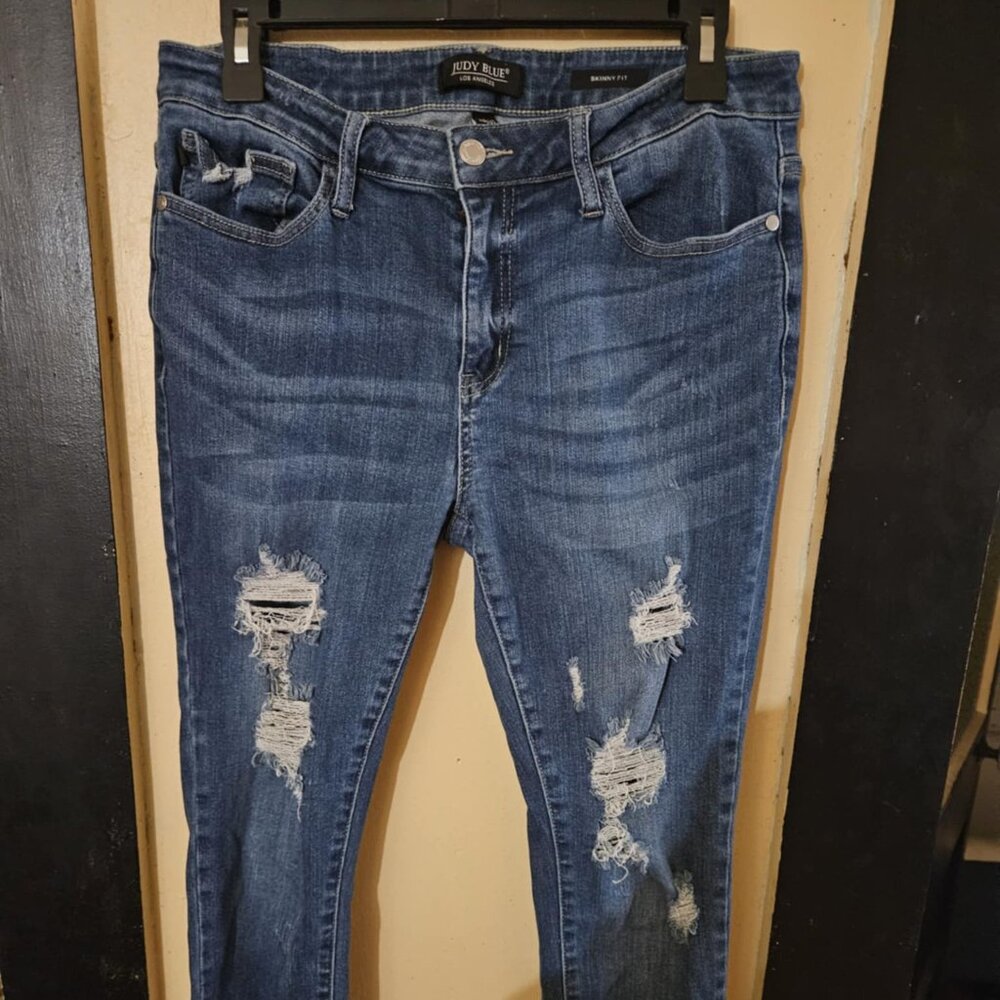 Judy Blue Jeans Women's 13/31 Blue Distressed Raw Hem Skinny Jean